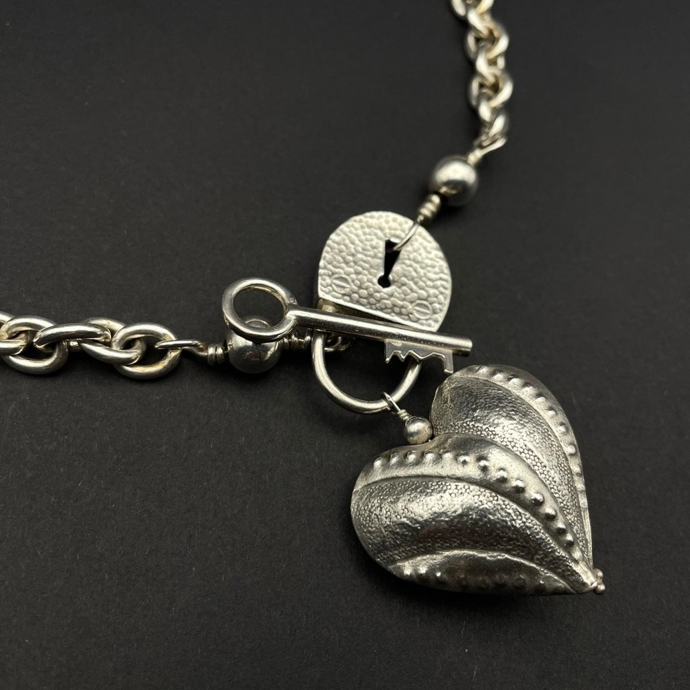 Chunky Sterling Silver Heart‎ Lock Key Toggle Necklace Statement Jewelry
